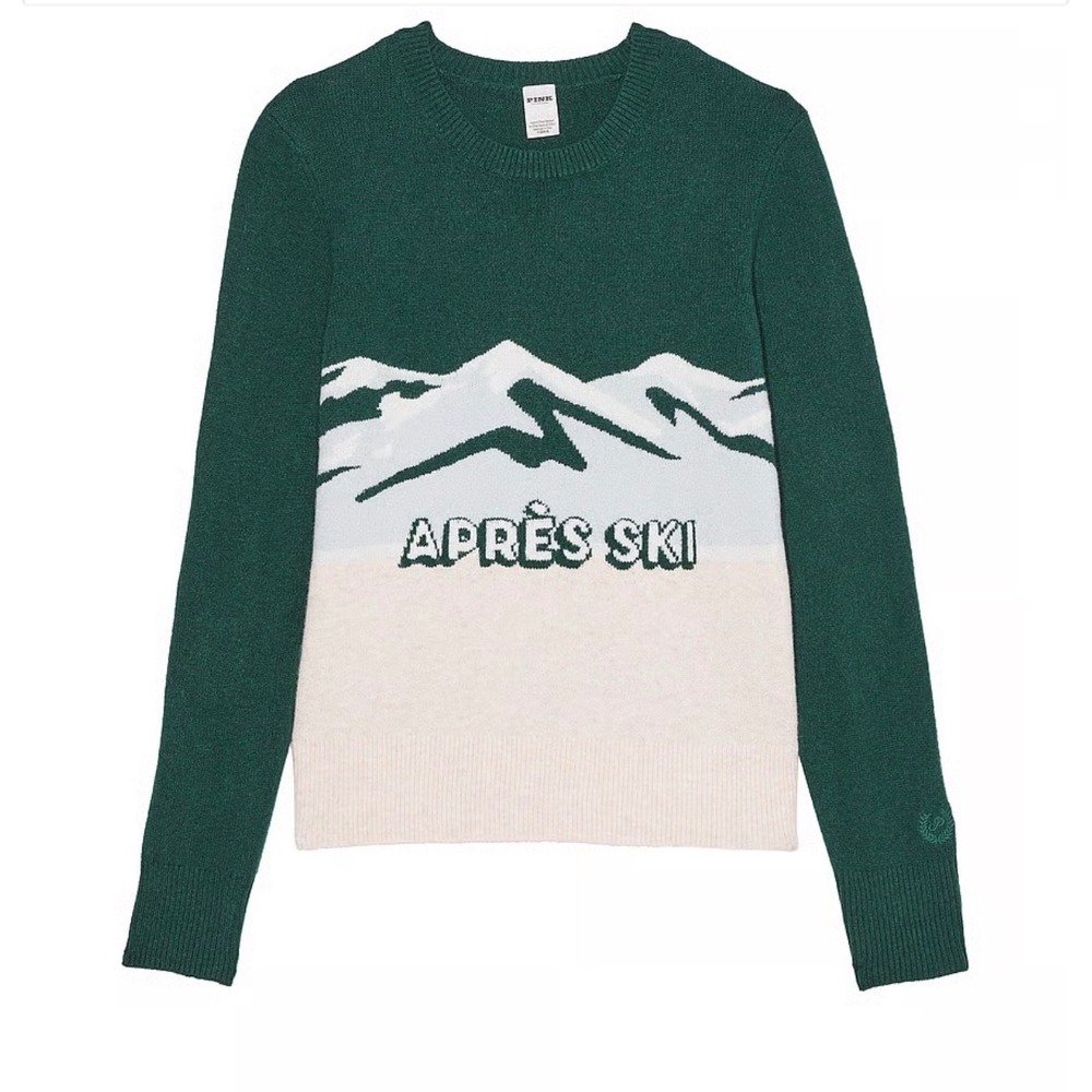 Victoria's Secret PINK Apres Ski Mountain Graphic Sweater Green XS New